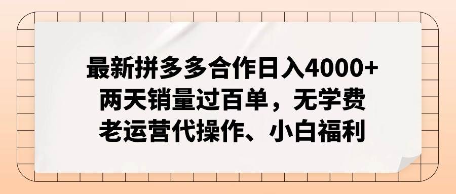 最新拼多多合作日入4000+两天销量过百单，无学费、老运营代操作、小白福利网创吧-网创项目资源站-副业项目-创业项目-搞钱项目网创吧